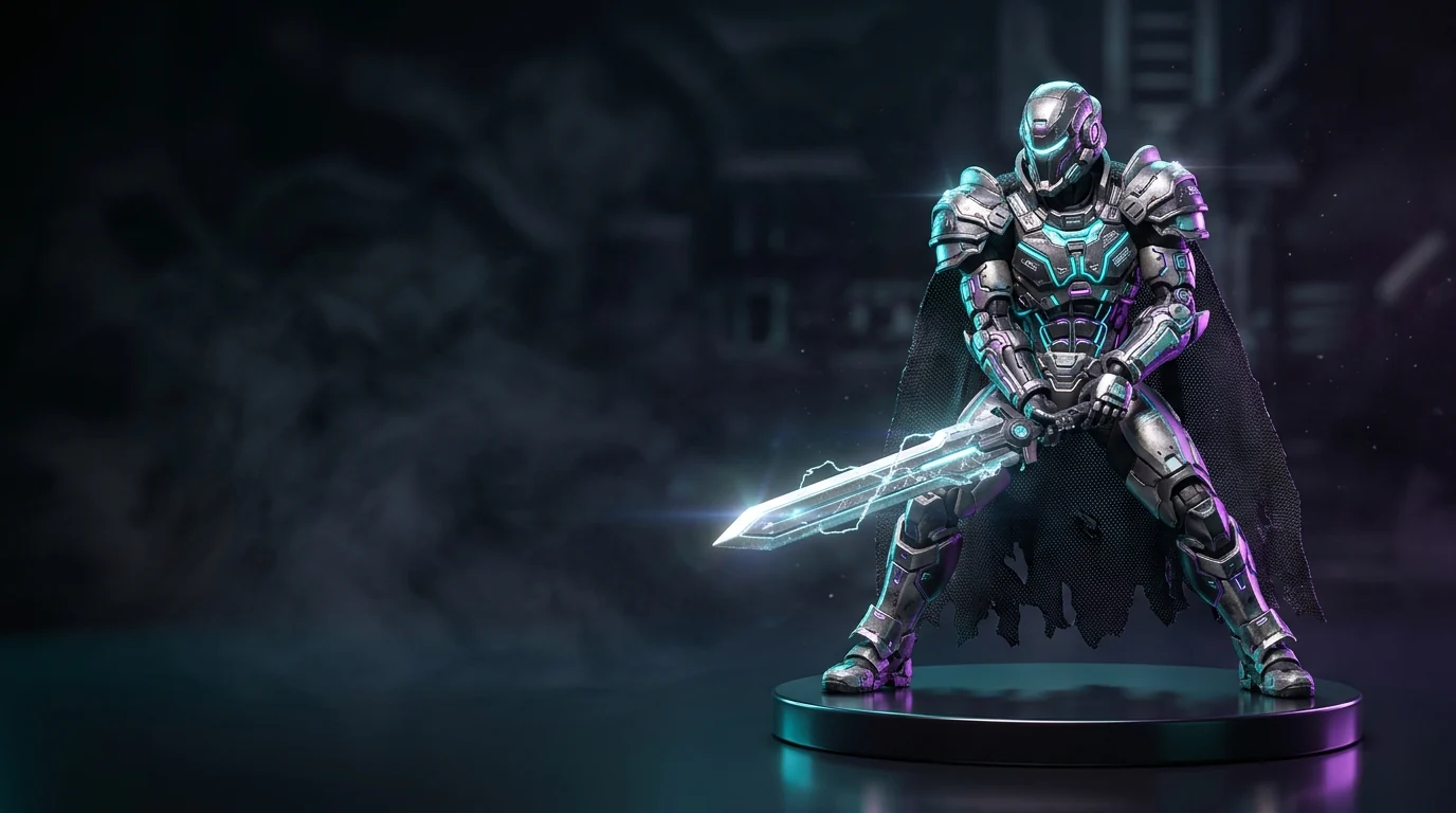 Guerreiro futurista com espada luminosa em uma base de colecionador
