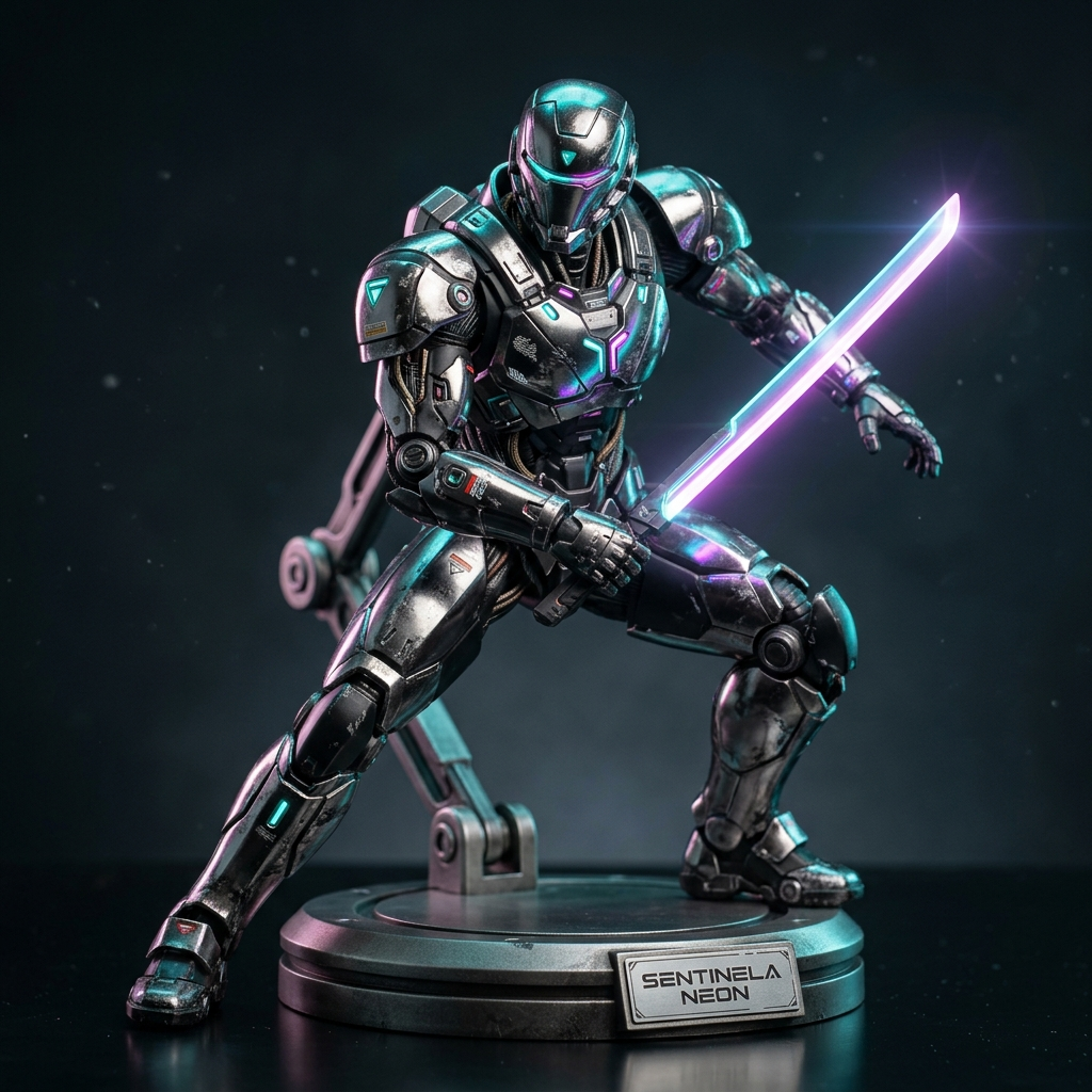 Figura Sentinela Neon com armadura metálica, visor ciano-violeta e espada de energia sobre uma base circular